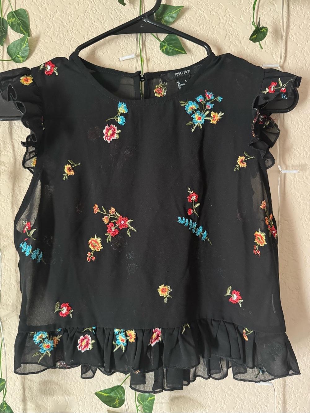 Forever 21 Black Floral Embroidered Blouse with Multicolor Blooms